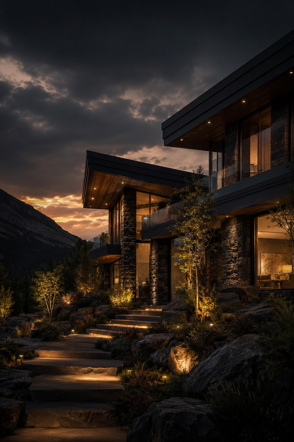 Modern stone home at dusk, warm lights along the entry steps