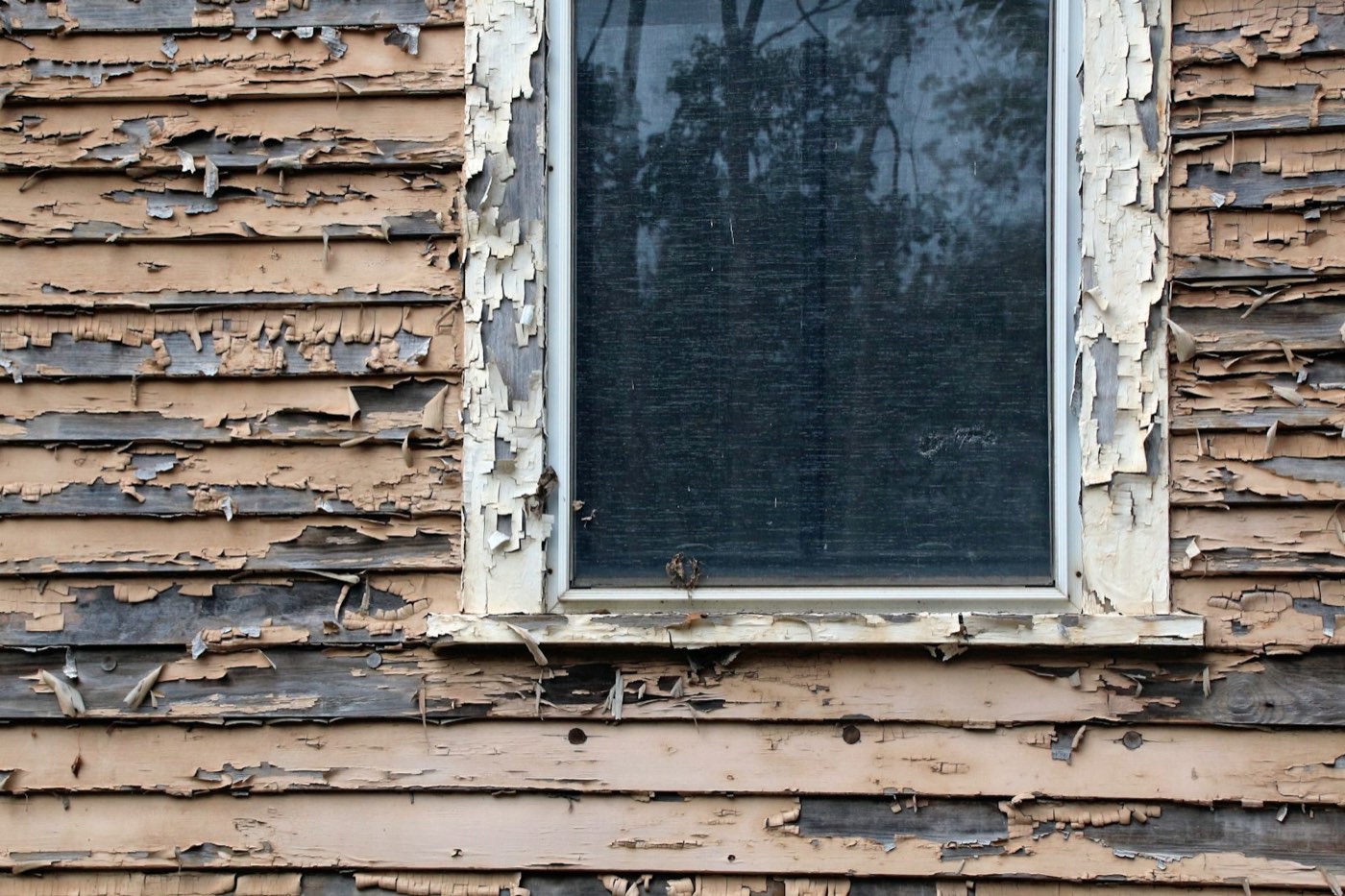 Weathered siding with peeling paint around a window