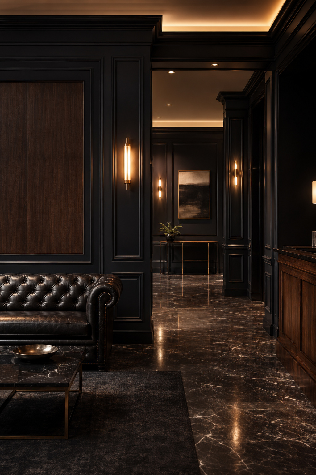 Wood-paneled commercial lobby with leather seating