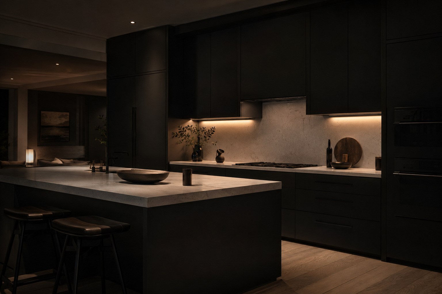 Matte black kitchen cabinets with white stone counters